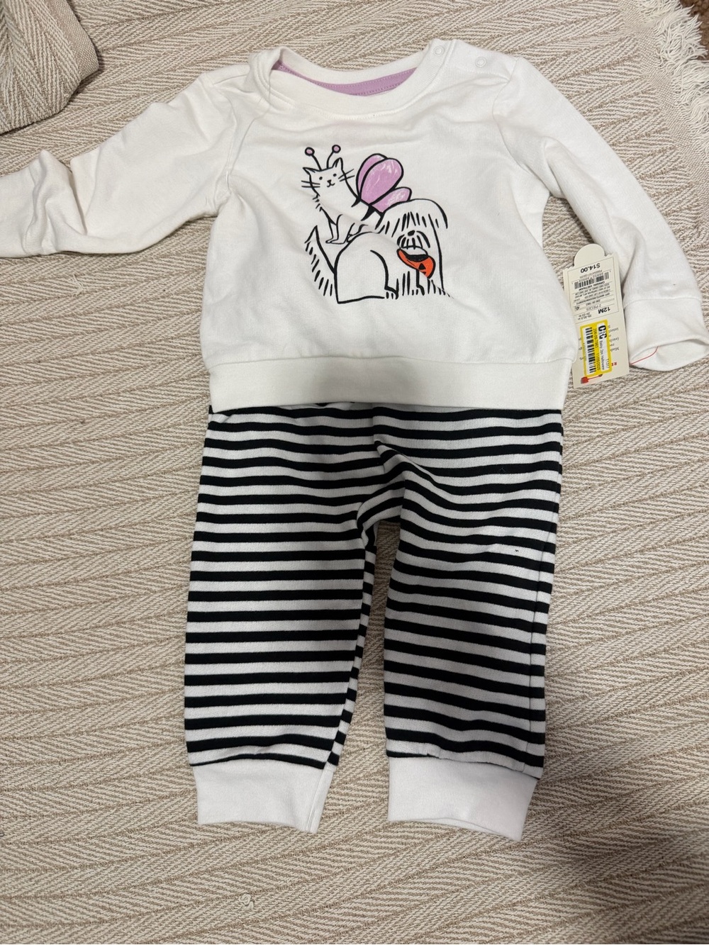 Cat & Jack White Top with Black & White Striped Joggers - Pink Accent